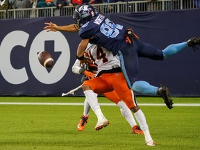 Argonauts wide receiver Chandler Worthy (88) can't make the catch around B.C. Lions defensive back Marcus Sayles (14) during overtime CFL action in Toronto on Saturday, October 30, 2021.