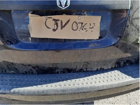 A homemade licence plate discovered by a Haldimand OPP officer on Monday, Oct. 18, 2021 in Caledonia.