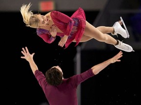 Kirsten Moore-Towers and Michael Marinaro of Canada skate their short program in the pairs competition at Skate Canada International in Vancouver on Friday night. Getty Images