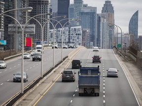 Mid-morning traffic along the Gardiner Expressway from the Dufferin St. bridge in Toronto, April 3, 2020.