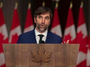 In this file photo taken on Oct. 26, 2021, Minister of Environment and Climate Change, Steven Guilbeault speaks during a press conference in Ottawa.