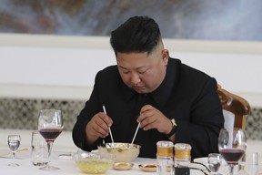 North Korean leader Kim Jong Un attends a lunch at the Okryugwan restaurant on September 19, 2018 in Pyongyang, North Korea.