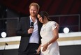 Britain's Prince Harry and Meghan Markle speak during the 2021 Global Citizen Live festival at the Great Lawn, Central Park on September 25, 2021 in New York City.