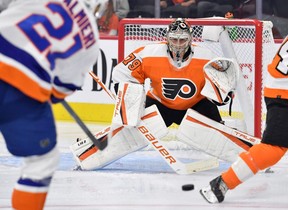 Flyers goaltender Carter Hart was shaky last season and hasn’t been off to a great start this year. But he should still be in the mix in the discussions about Team Canada’s goaltending. USA TODAY SPORTS