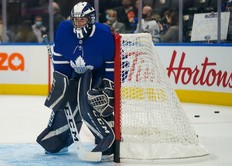 Toronto Maple Leafs goaltender Alexander Bishop warms up before the start of a game against the Ottawa Senators in Toronto on Saturday, October 16, 2021. The Maple Leafs signed the University of Toronto player to a one-day amateur try out as a backup goaltender.