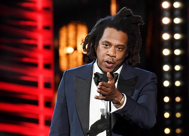Jay-Z speaks after being inducted into the Rock and Roll Hall of Fame, in Cleveland, Ohio, Oct. 30, 2021.