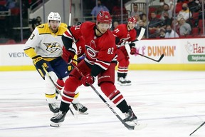 Centre Jesperi Kotkaniemi signed a one-year offer sheet with the Carolina Hurricanes in the off-season. The Canes play his former team the Habs on Thursday night in Montreal. AP PHOTO