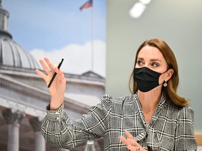 Catherine, Duchess of Cambridge, reacts during her visit to University College London's Centre for Longitudinal Studies to discuss a new holistic study into early years on Oct. 5, 2021 in London.