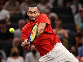 Nick Kyrgios plays a shot against Stefanos Tsitsipas during Day 2 of the 2021 Laver Cup at TD Garden on September 25, 2021 in Boston.