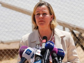 Deputy High Commissioner for Refugees at UNHCR, Kelly Clements, delivers a speech during the inauguration ceremony of a new solar power plant at the Azraq camp for Syrian refugees in northern Jordan, May 17, 2017.