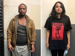 Suspended Pryor Cashman associate Colinford Mattis and public interest attorney Urooj Rahman are pictured in photos taken by U.S. authorities following their arrests in New York on May 30, 2020.