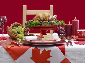 Thanksgiving Table Setting with Roast Turkey on Red White Backgr