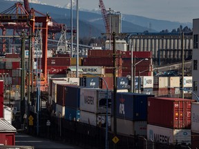 Cargo containers at port in Vancouver, on Friday, February 21, 2020.