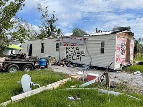 A destroyed mobile home is seen in Golden Meadow, Louisiana, on October 1, 2021.