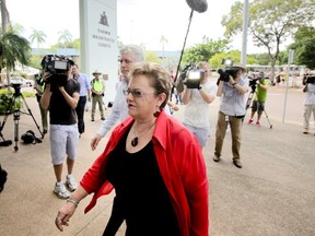 Lindy Chamberlain-Creighton arrives at Darwin Magistrates Court in Darwin, Australia, during  February 2012 for the first day of the fourth inquest into the disappearance of her daughter, Azaria Chamberlain, more than 30 years earlier.