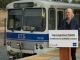 Minister of Infrastructure and Communities Catherine McKenna announces priority funding consideration is being made for the Edmonton Capital Line South Extension, during a press conference at the Century Park LRT station, Tuesday July 27, 2021.