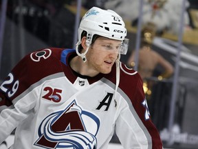 Nathan MacKinnon of the Colorado Avalanche warms up before a game against the Vegas Golden Knights at T-Mobile Arena on May 10, 2021 in Las Vegas, Nevada.