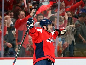 Alex Ovechkin of the Washington Capitals celebrates his second goal against the New York Rangers at Capital One Arena on October 13, 2021 in Washington.