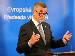 Czech Republic's Prime Minister Andrej Babis makes a statement on video during the EU Council summit in Brussels, Belgium, July 20, 2020.