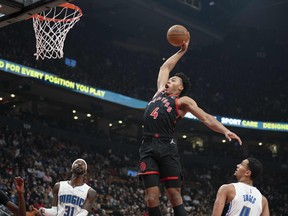 Toronto Raptors forward Scottie Barnes (4) scores a basket during the second quarter against the Orlando Magic at Scotiabank Arena.