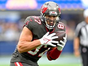 Buccaneers tight end Rob Gronkowski make a catch and runs for a first down in a game against the Rams at SoFi Stadium, in Inglewood, Calif., Sept. 26, 2021.