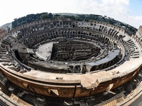 General view taken from the top of the Ancient Colosseum during a press preview of the 4th and 5th level of the monument newly opened to the public, on October 3, 2017 in Rome.