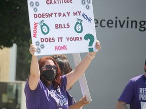 Health care workers rally against provincial Bill 124 outside Bluewater Health in Sarnia on Aug. 12.