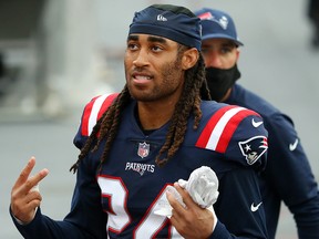 Stephon Gilmore of the New England Patriots reacts after defeating the Las Vegas Raiders at Gillette Stadium on September 27, 2020 in Foxborough, Massachusetts.