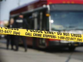 Toronto Police investigate a stabbing that occurred on a Wilson TTC bus at the northeast corner of Keefe St. and Wilson Ave. One person was arrested at the scene and the victim was emergency rushed to hospital on Saturday, Oct. 2, 2021.