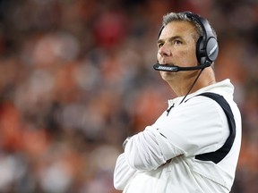 Head coach Urban Meyer of the Jacksonville Jaguars looks on against the Cincinnati Bengals during the first half of an NFL football game at Paul Brown Stadium on Sept. 30, 2021 in Cincinnati, Ohio.