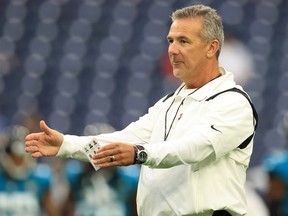 Head coach Urban Meyer of the Jacksonville Jaguars looks on prior to the game against the Houston Texans at NRG Stadium on September 12, 2021 in Houston.