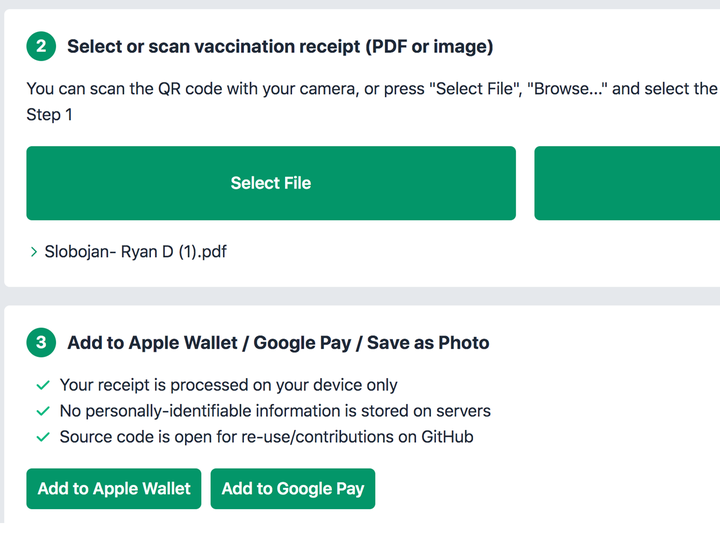  A group of savvy volunteers have created a fast and secure way to add your official proof of vaccination to Apple Wallet (for iPhone) or Google Pay (on Android devices), with just a couple of taps on its website.