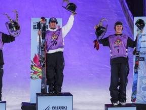 Matej Svancer (centre), Canadian Teal Harle (left) and Birk Ruud, celebrate on the podium after the men’s World Cup free ski Big Air qualification event, in Chur, Switzerland, on Friday.  
Christian Merz/AP
