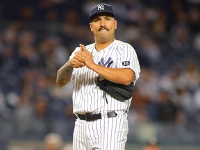 Nestor Cortes of the New York Yankees reacts after giving up a first inning home run to Nelson Cruz of the Tampa Bay Rays at Yankee Stadium on Oct. 1, 2021 in New York City.