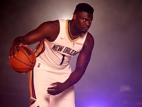 Zion Williamson of the New Orleans Pelicans poses for photos during Media Day at Smoothie King Center on September 27, 2021 in New Orleans.