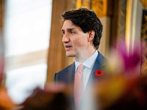 Canadian Prime Minister Justin Trudeau (R) speaks during a meeting with a Dutch outgoing Prime Minister focused on their bilateral relationship on trade, investments, climate and cooperation in the field of defense and security at the Ministry of General Affairs, in The Hague, on October 29, 2021.