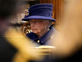 Britain's Queen Elizabeth II attends a Service of Thanksgiving to mark the Centenary of the Royal British Legion at Westminster Abbey, London, Britain October 12, 2021.