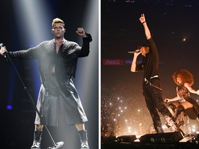 Ricky Martin, left, and 
Enrique Iglesias performing onstage at MGM Grand Garden Arena on September 25, 2021 in Las Vegas, Nev.