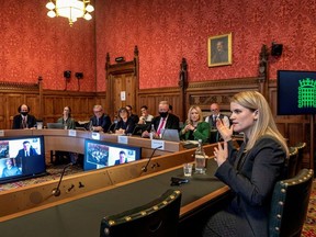 Former Facebook employee Frances Haugen gives evidence to the Joint Committee on the Draft Online Safety Bill of UK Parliament that is examining plans to regulate social media companies, in London, Britain October 25, 2021.