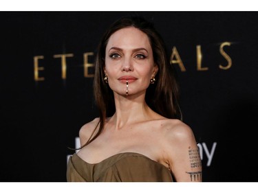 Angelina Jolie poses at the premiere for the film "Eternals" at the El Capitan Theatre in Hollywood on Oct. 18, 2021.