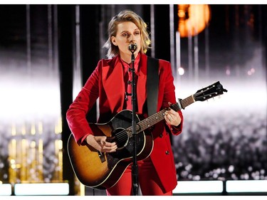 Brandi Carlile performs during the Rock and Roll Hall of Fame induction ceremony in Cleveland, Ohio, Oct. 30, 2021.