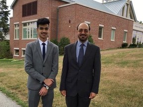 Former Saudi intelligence official Saad al-Jabri (R) poses with his son Omar al-Jabri whilst visiting schools around Boston, U.S. in this handout picture shot in the autumn of 2016.