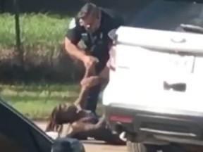 A screengrab from video posted to Instagram showing Shantel Arnold, 34, being violently slammed to the ground by a deputy with the Jefferson Parish Sheriff's Office.