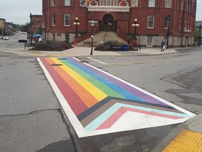 Stratford Police shared this image on Twitter of the Pride crosswalk in the city's downtown before it was vandalized.