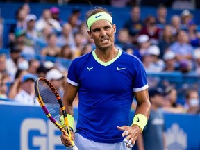 Rafael Nadal of Spain reacts during the Citi Open at Rock Creek Park Tennis Center.