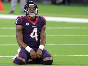 Deshaun Watson of the Houston Texans reacts to a play during a game against the Tennessee Titans.