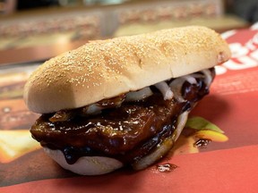 A McRib is seen at a McDonald’s restaurant on November 3, 2010 in San Francisco, California.