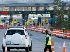 A car crosses the Canada-U.S border at the Thousand Islands crossing in Ontario after the border officially reopened for fully-vaccinated Canadian travellers on Monday Nov. 8.
