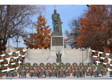 Wreaths at the Cornwall Cenotaph before the start of the ceremony, Nov. 11, 2021, in Cornwall, Ont.