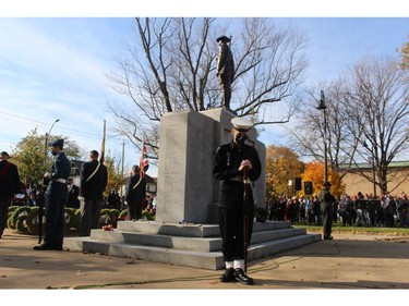 Blain Mitchell, centre, with the Sarnia Sea Cadets, stands guard during the Remembrance Day ceremony at Sarnia's cenotaph, Nov. 11, 2021.